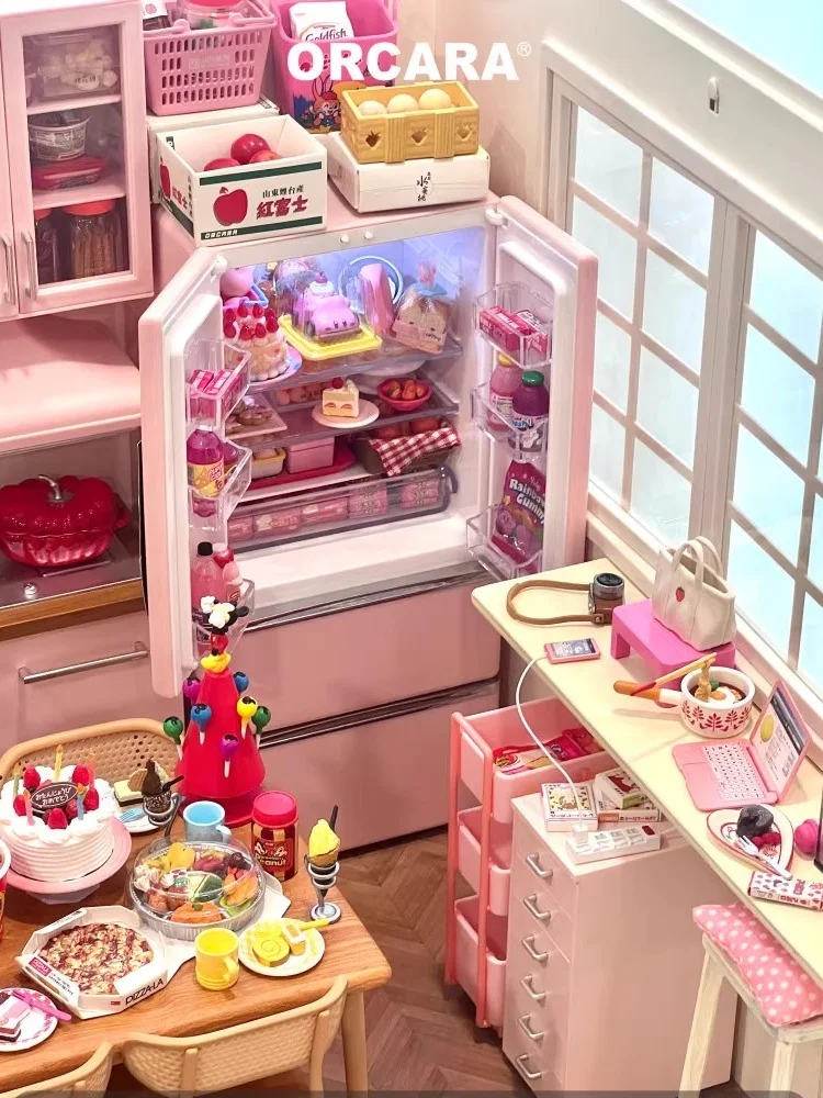 1:6 بيت الدمية نموذج صغير اكسسوارات الأثاث ثلاجة باب مزدوج مع ضوء Bjd Ob11 Gsc Blyth الجندي Lol المشهد الدعائم