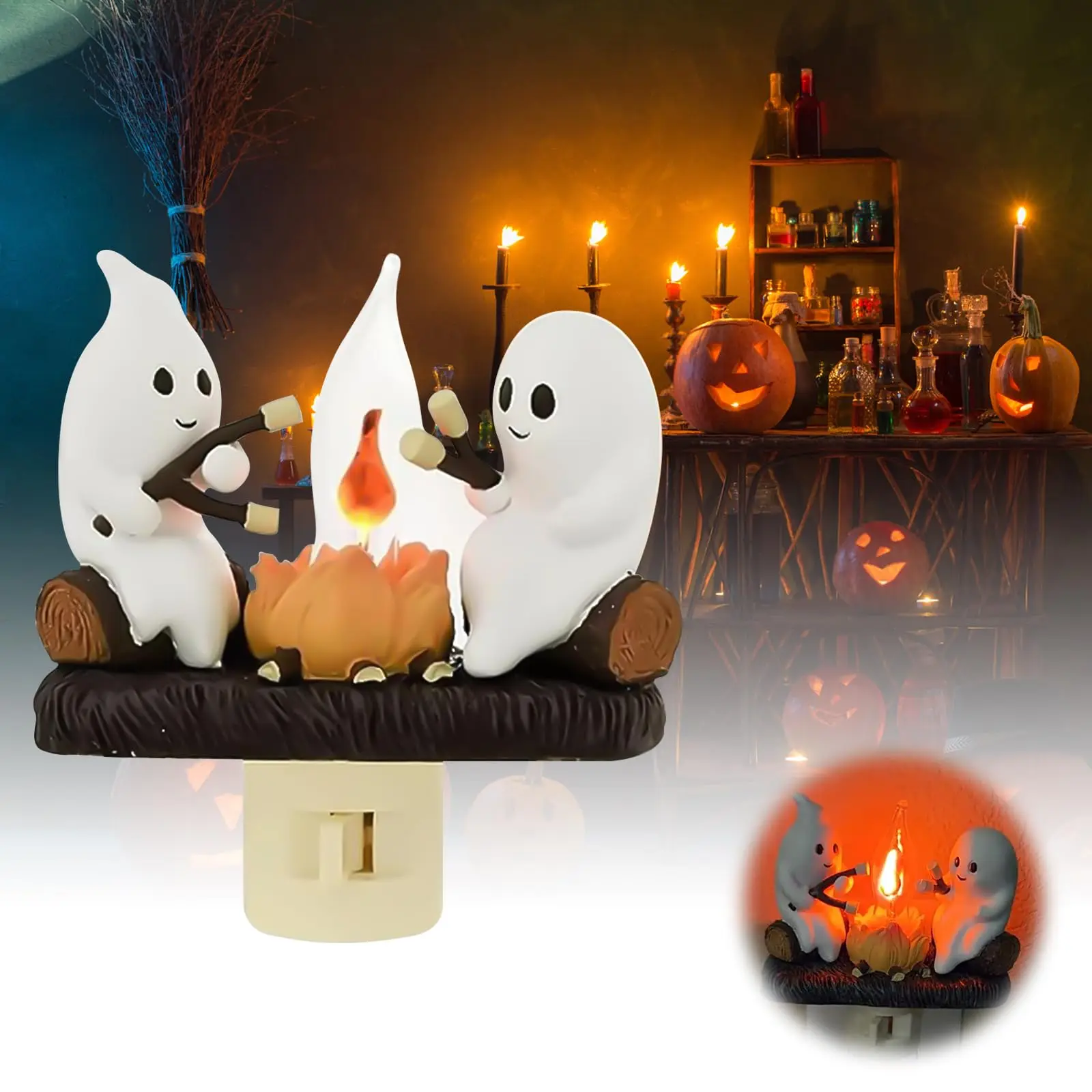 Ghost Campfire Night Light 2024 Campfire Flickering Nightlight 3D LED Small Faux NightLight Halloween Indoor Decorations