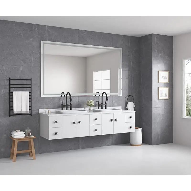 مرآة حمام LED قابلة للتعتيم مقاس 84 × 48 مع إضاءة أمامية وخلفية، مضادة للضباب، وظيفة الذاكرة، 3 خيارات ألوان، زينة جدارية كبيرة #6