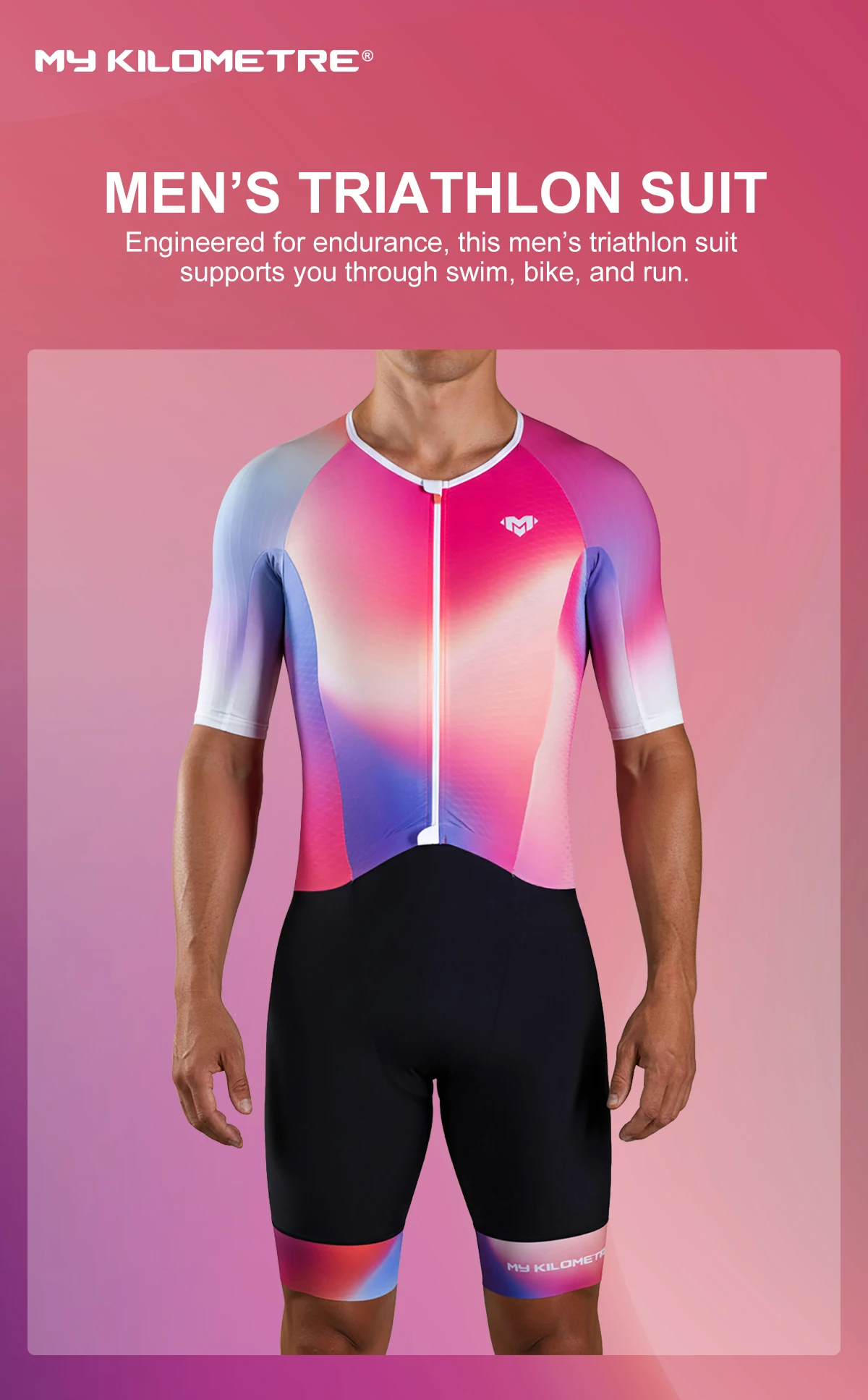 Triathlon-Anzüge für Herren Schnelltrocknend Leichtgewichtig Kurzärmelig Schwarz-Lila Einteilig für Radfahren Laufen Schwimmen TriSuit MY KILOMETRE – Detail 16