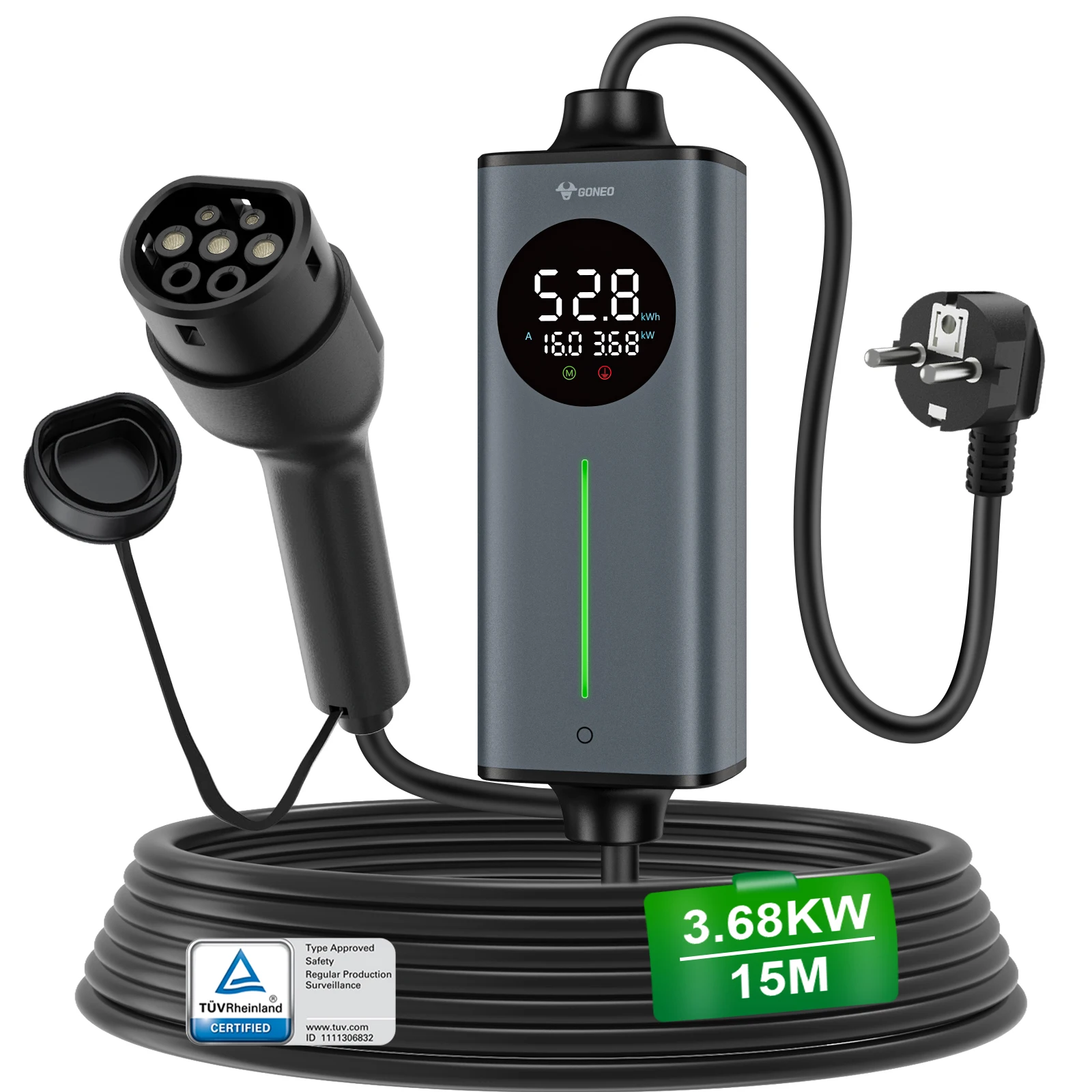 GONEO Draagbare Type 2 EV-lader – Schuko-stekker, voor elektrische auto's & plug-in hybrides ​ Slimme temperatuurregeling, dubbele FI (AC+DC) bescherming, automatische aardingsdetectie, instelbare