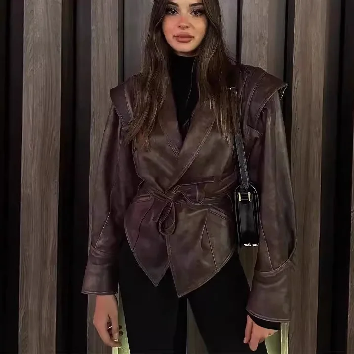 봄 신상 슬림핏 PU 가죽 재킷 여성용 벨트 스트리트 스타일 롱 슬리브 지퍼 클로저 캐주얼 아우터웨어