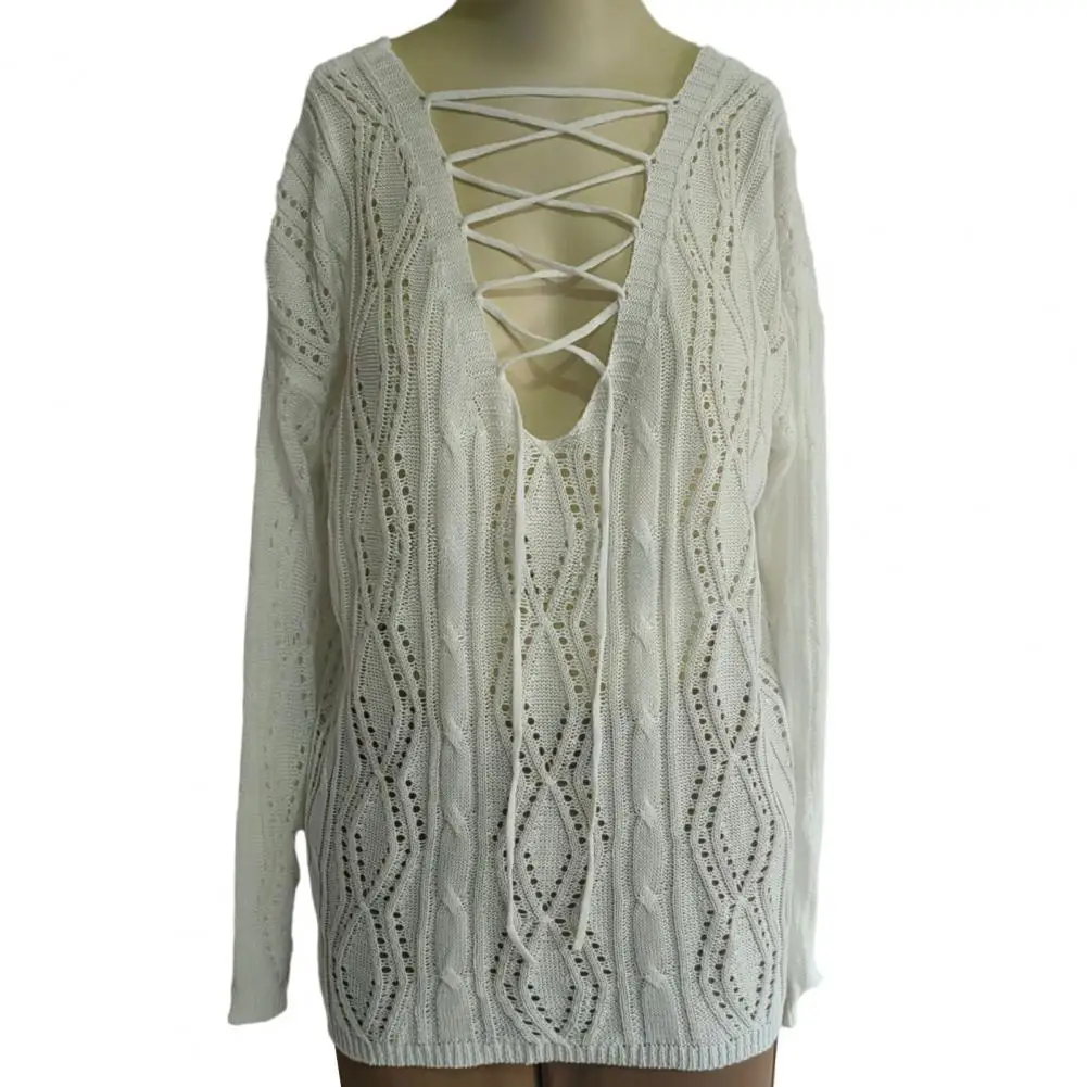 

Women Breathable Blouse Stylish Women's Knitted Hollow Design V-neck Pullover Tops with Long Sleeves Sun for Fashionable