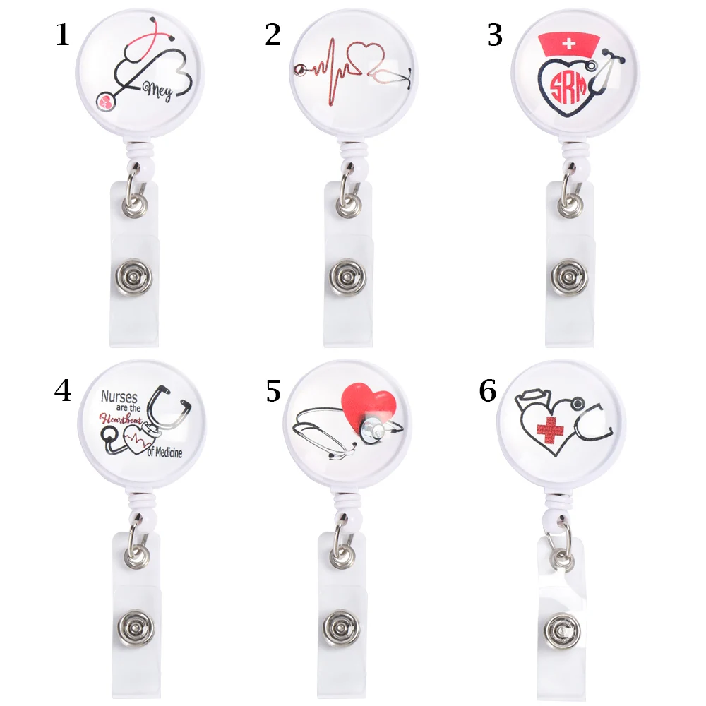 Love Heart Stethoscope Pattern Creative ID Card Badge Holder Anti-Lost Clip for Nurse Doctor Student Badge Reel Clip