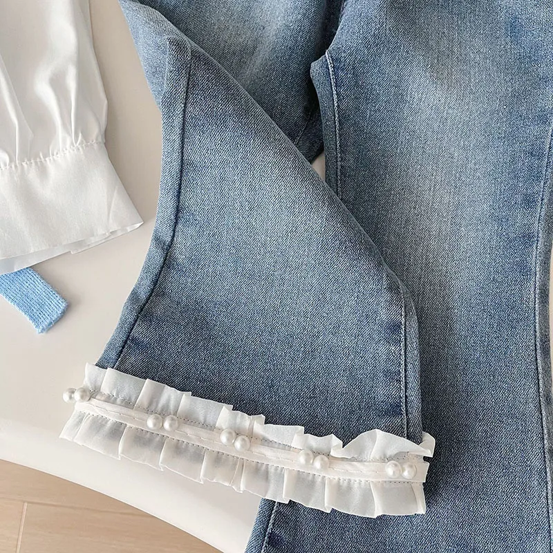 Baby Girls Clothes Sets Autumn Long Sleeve Bottom Shirts Sweater Vest Wide Leg Jeans Sets for Kids Fashion Children Clothing Set image 6