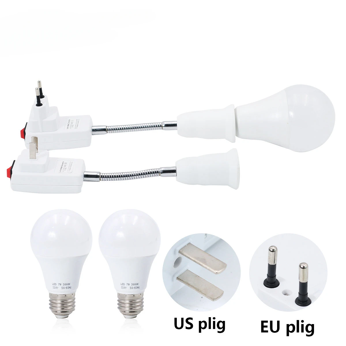 Led Light Dual E27 Lamp Bulb Bases Socket Power Holder Adapter Converter Switch Adaptor Flexible EU US Plug