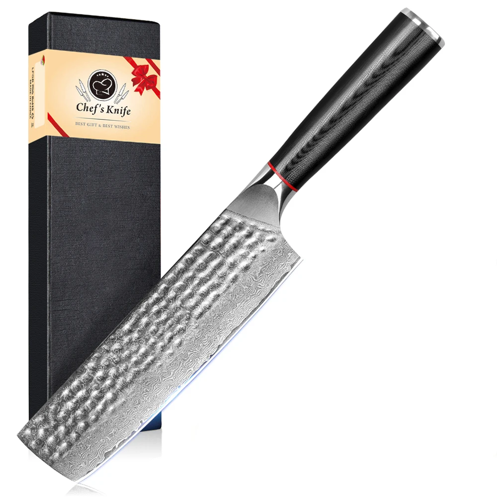 Küchenmesser, Nakiri Kochmesser mit 17cm Damaszener VG-10 Klinge, Ideal für Präzises Schneiden von Fleisch, Obst & Gemüse