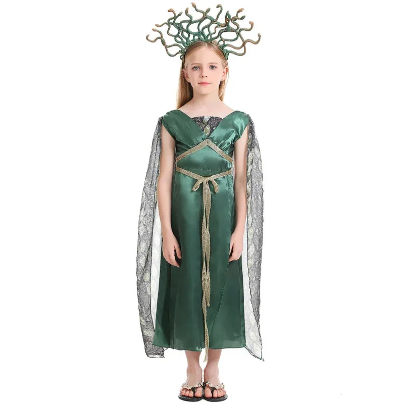 Children's Halloween Costume Girl Ancient Greek Mythology Cosplay Greek Goddess Roman Robe Fancy Party Dress With Headgear