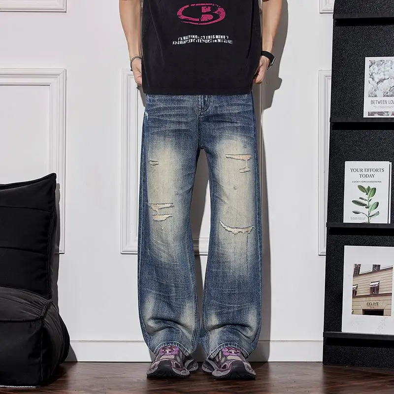 

American Sle Heavyweight Worn-Out Waed Hole Rapper Jeans Men's Trendy Casual Straight Leg Floor-Length Pants