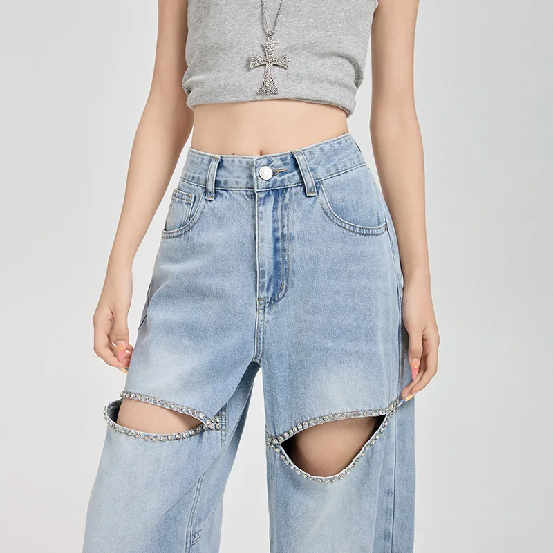 2025 Summer New Ripped Wide-leg Jeans, Women's Personality Diamond-encrusted High-waisted Loose Straight-leg Floor-length Jeans