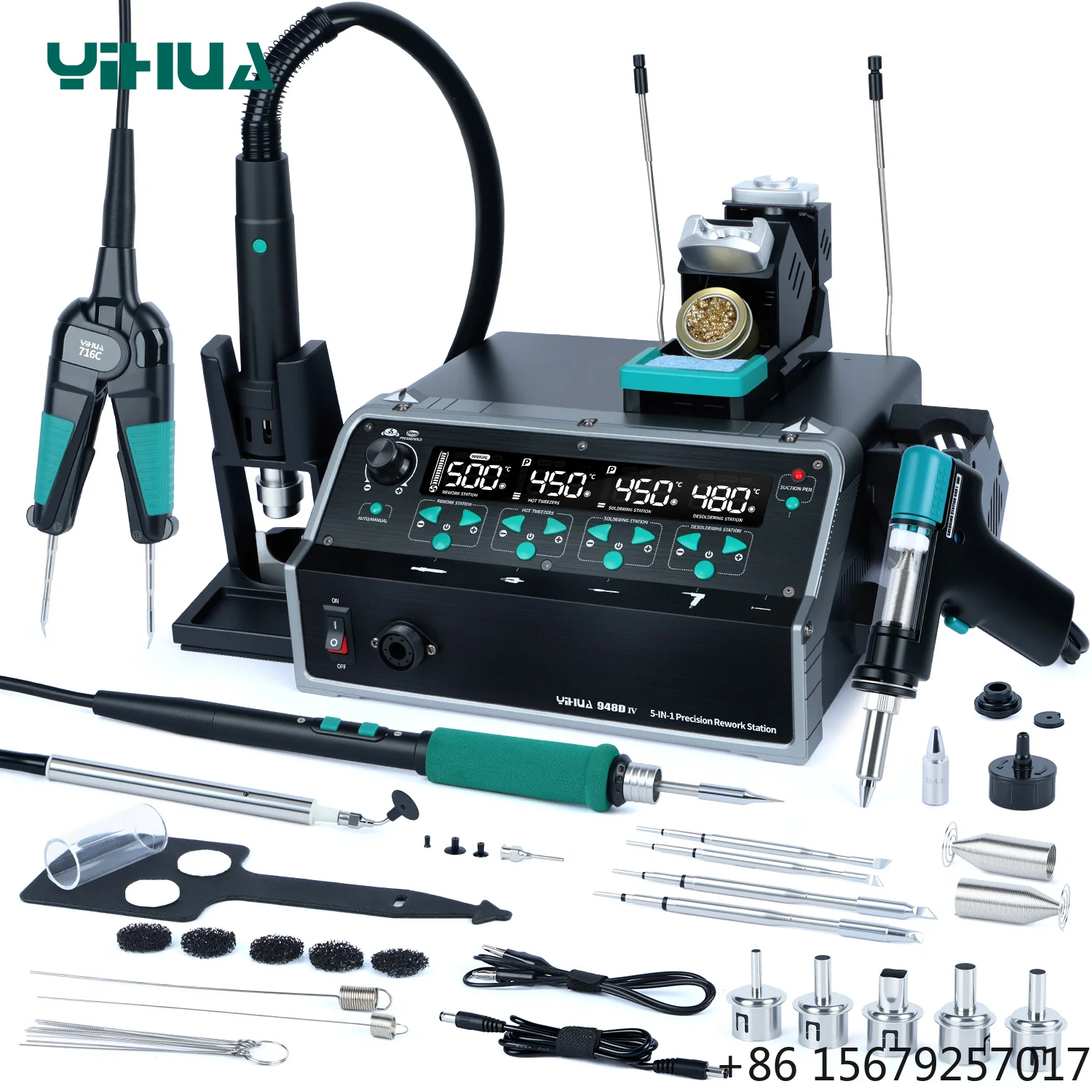 YIHUA 948D-IV 1410W 5 in 1 Soldering Station With C245 Soldering Iron Hot Air Handle Tweezers Iron Suction Tin Gun Rework Tools