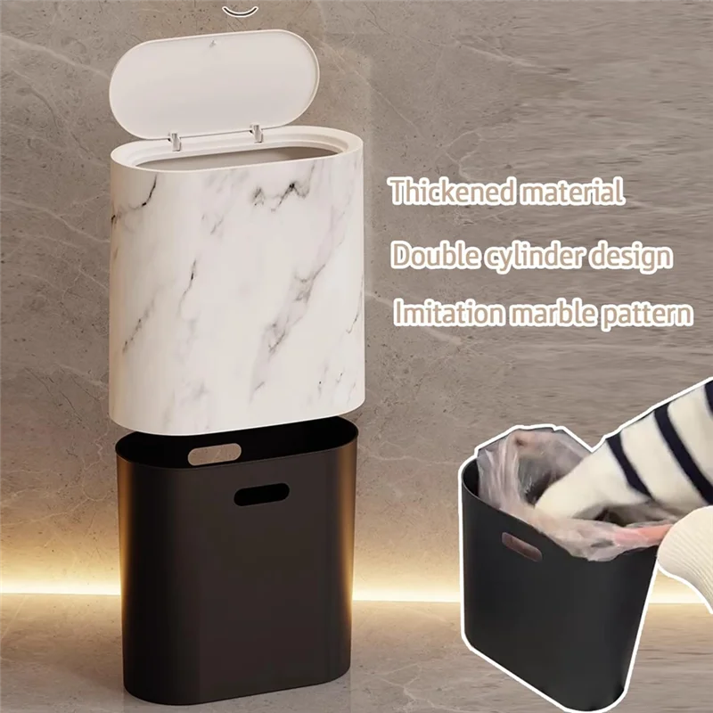 A88E-Stylish 2-Piece Marble Texture Trash Can With Lid Set For Bathroom And Living Room