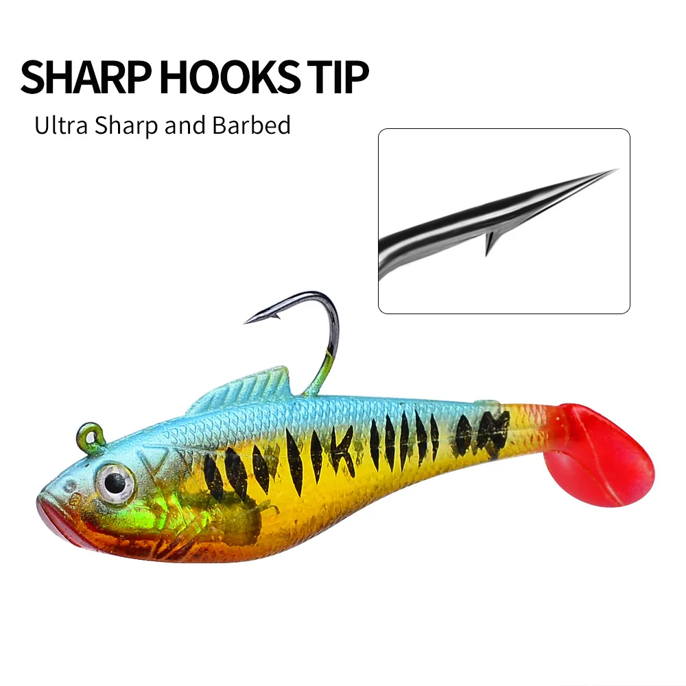 1/5 Stück Künstlicher Weichköder mit Jigkopf 3,6g 9,5g 24,6g Jigging-Weichköder Gummi-T-Schwanz Angelköder Schwimmköder für Barsch und Hecht – Detail 8