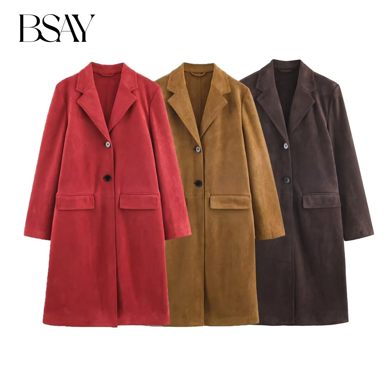 

BSAY Suede Effect Coat for Women Fashion Autumn Winter New Pocket Solid Color Long Sleeved Single-breasted Coats Jacket Mujer
