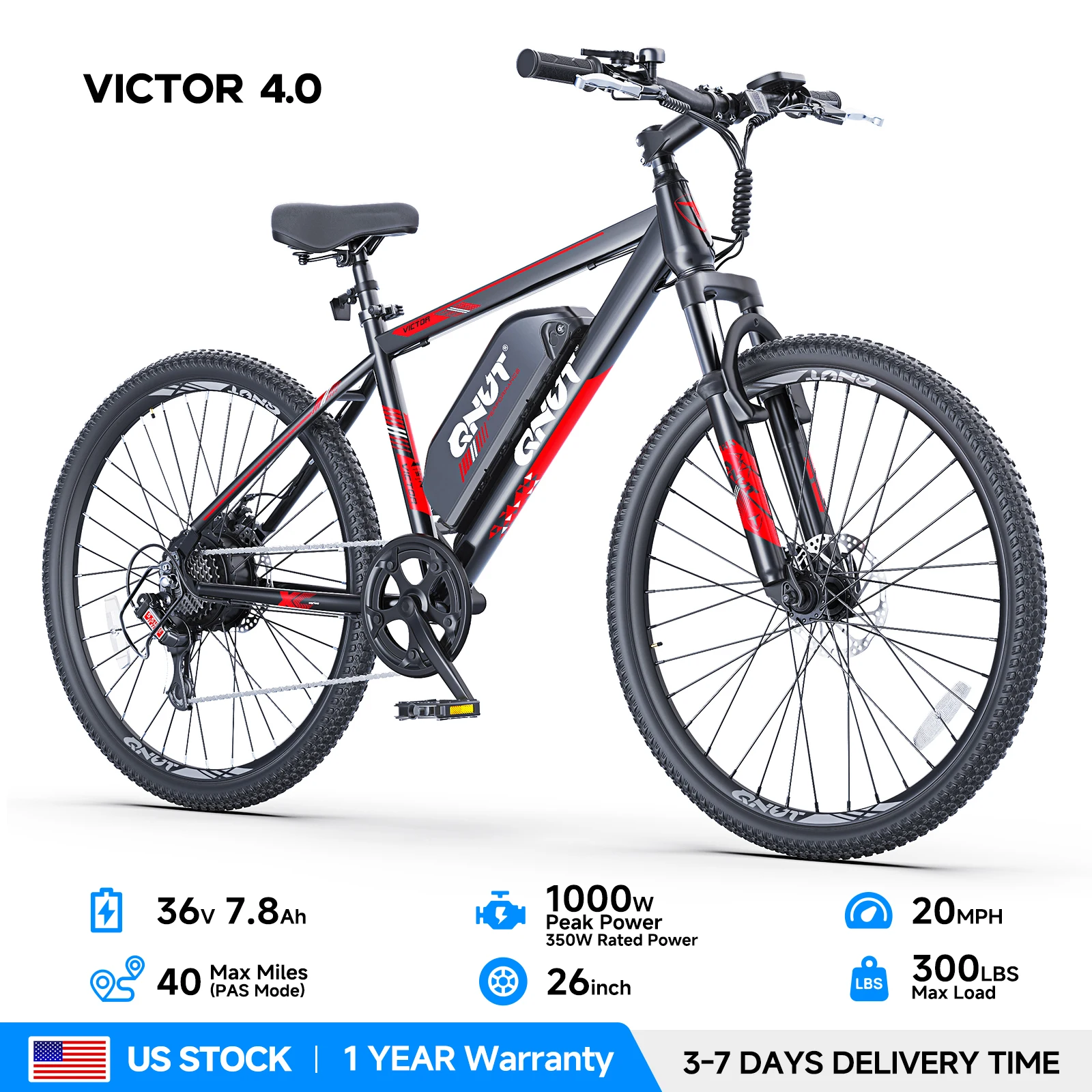 QNUT Victor Electric Bike Adults Electric Bicycle Peak 1000W 36V 7.8AH&10.4AH E Bike 26' Fat Tire Mountain Bike 20mph Electric Dirt Bike image 5