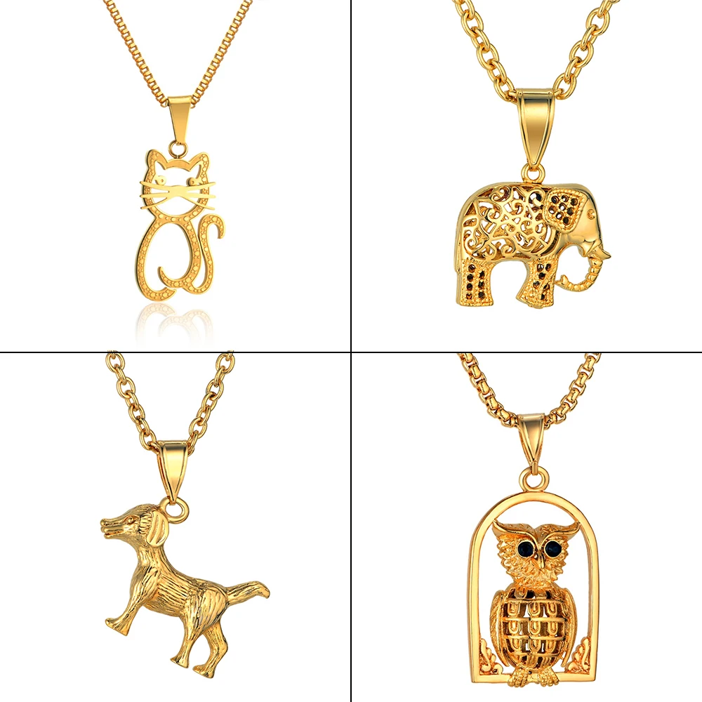 

Animal Elephant Dog Owl Cat Necklace & Pendant Link Chain Gold Color Stainless Steel Men's Women Hip Hop Rock Jewelry