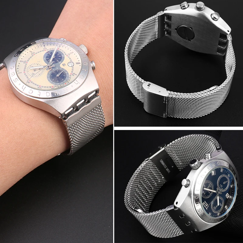 밀라노 통기성 메쉬 벨트 시계 밴드, 스와치용 스테인레스 스틸 스트랩, 남녀공용 교체 팔찌 액세서리, 17mm, 19mm, 신제품