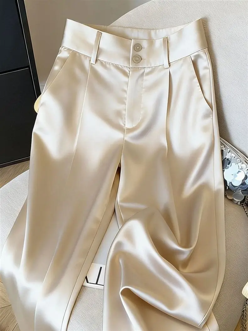 Silk Women's Pants Solid Color Champagne Ladies with Wide Leg Pants New High Waist Breathable Satin Summer Suit Women's Pants