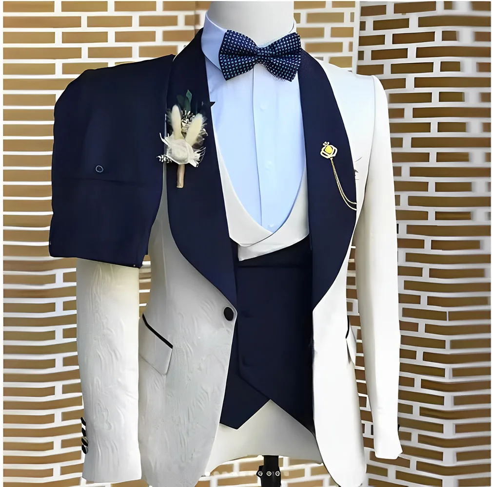 

Elegant WhiteJacquard Suits Men For Wedding Formal Jacket Vest Pants 3 Pieces Groomsman Tuxedos Tailored Male Fashion Clothing