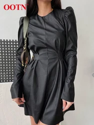 OOTN Elegant Black Pleated A Line Dress 2023 Sexy Zipper Slim PU Mini Dress Female Office O Neck High Waist Dresses Women Autumn