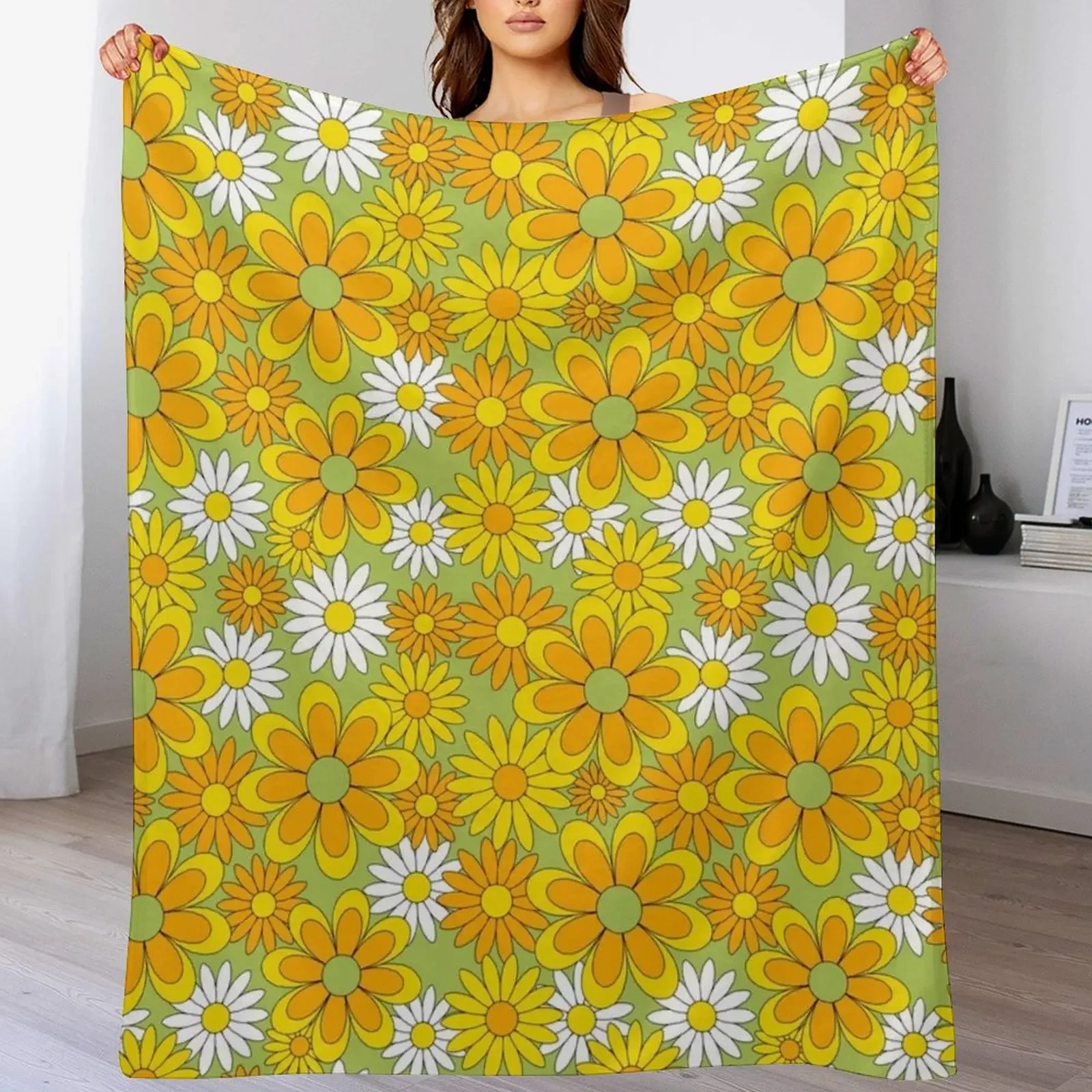 70s Flower Power Green Orange Yellow Retro Daisy Throw Blanket Polar Quilt Blankets