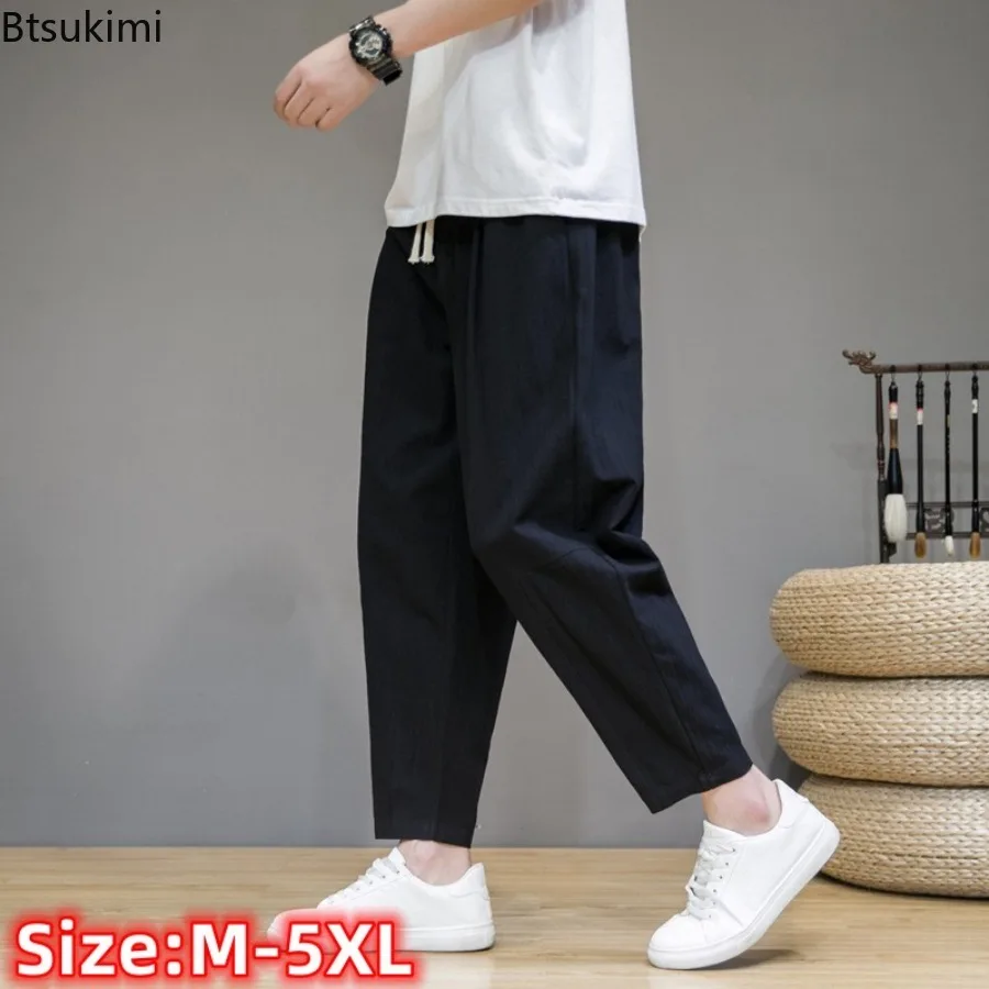 

Oversized Men's Cotton Linen Casual Trouser Summer Solid Loose Breathable Straight Leg Sport Pants Men Japanese Style Yoga Pants