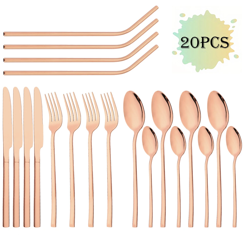 20Pcs/Set Rose Gold Cutlery Set Stainless Steel Tableware Knife Fork Spoon Straw Dinnerware Set Kitchen Flatware Silverware