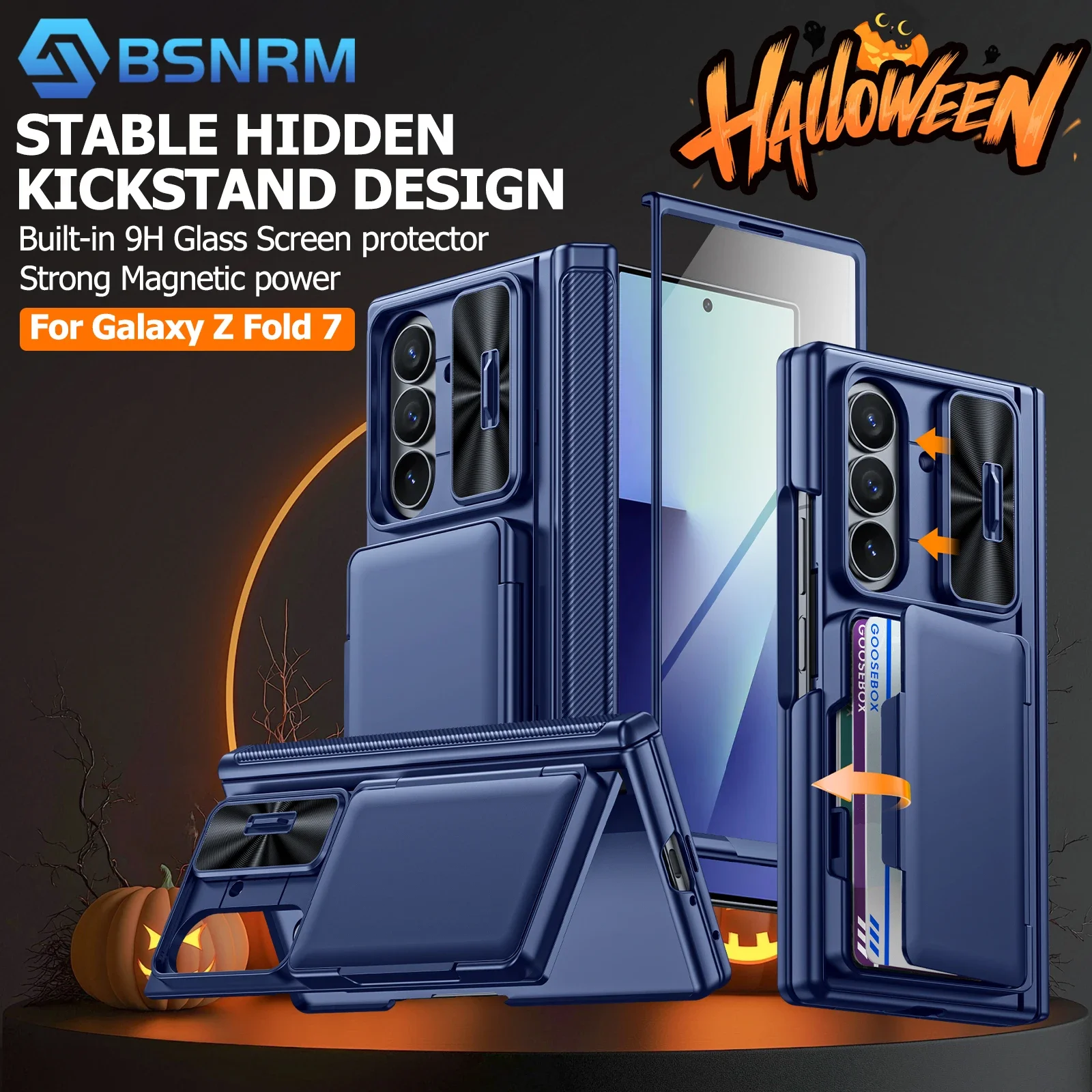 هدايا الهالوين، حامل بطاقات RFID، مع حامل، حماية مفصلية، غطاء كاميرا، جراب مقاوم للصدمات لهاتف Samsung Z Fold 7-Blue