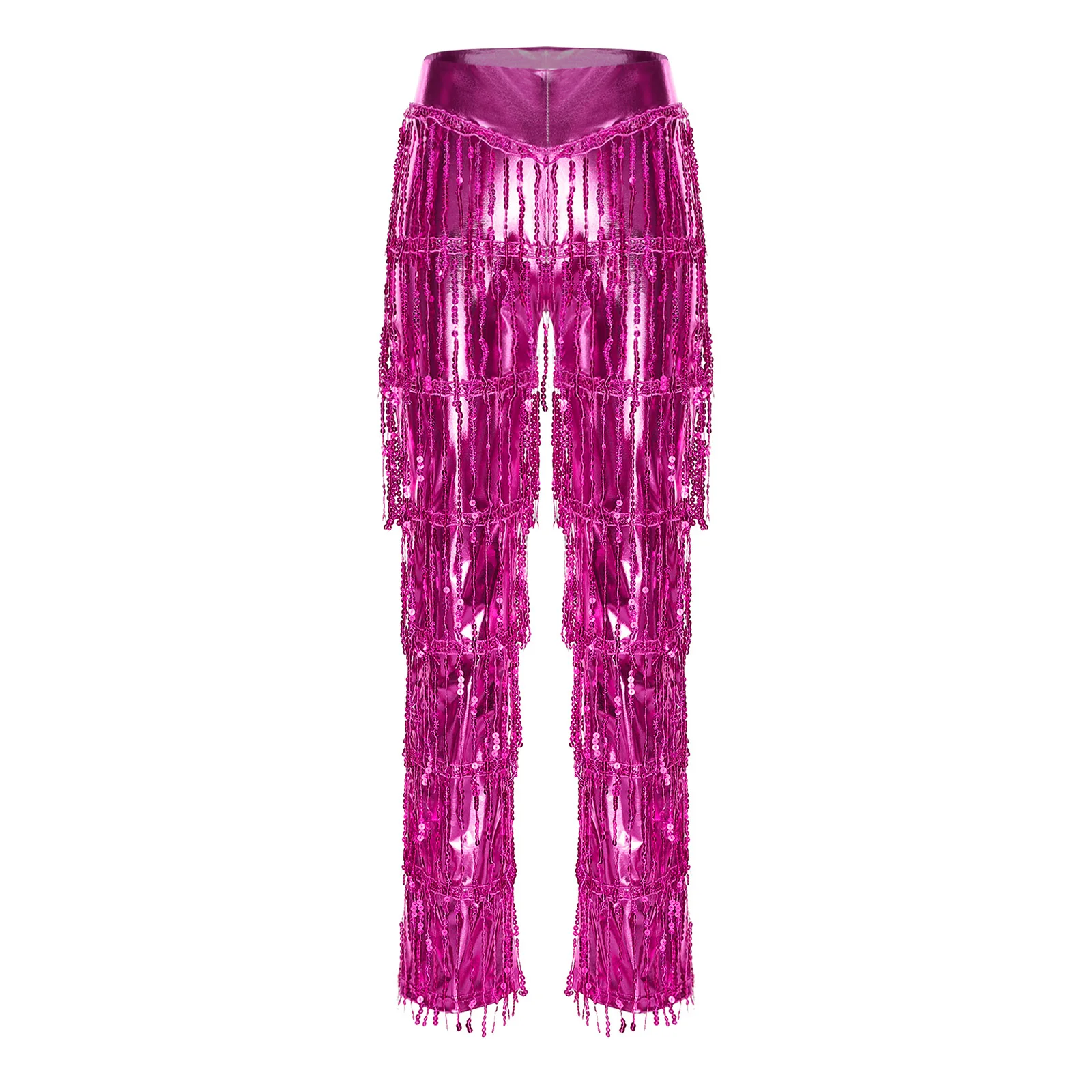 エレガントな女性タンゴサルサ 70 年代ディスコダンスパンツティアードスパンコールタッセルカラーブロッキングメタリックロングパンツズボンラテンダンスウェア