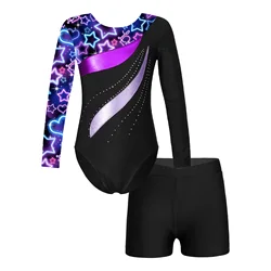 Kids Girls Ballet Dance Leotard Figure Skating Gymnastics Yoga Costume Long Sleeve Rhinestone Bodysuit with Shorts Swimwear