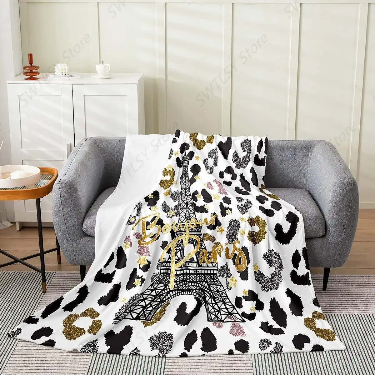 Eiffel Tower Fleece Throw Blanket Kids,Paris Tower Fuzzy Blanket for Bed Sofa Couch,All Season Modern Leopard Bed Blanket Breath