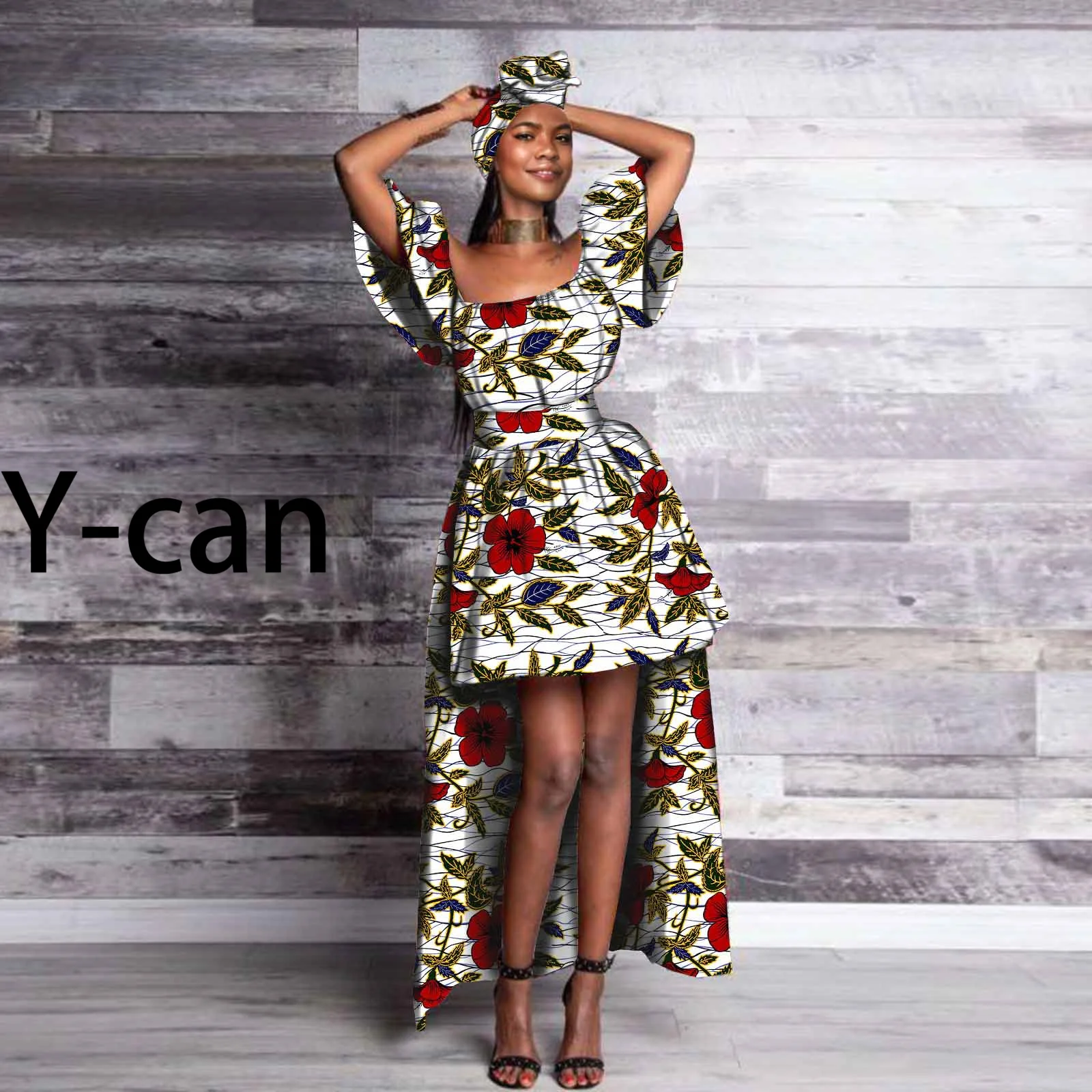 African Dresses for Women Dashiki Ankara Print Puff Sleeve Long Irregular Skirt with Headwrap Bazin Riche Lady Outfit S2125046