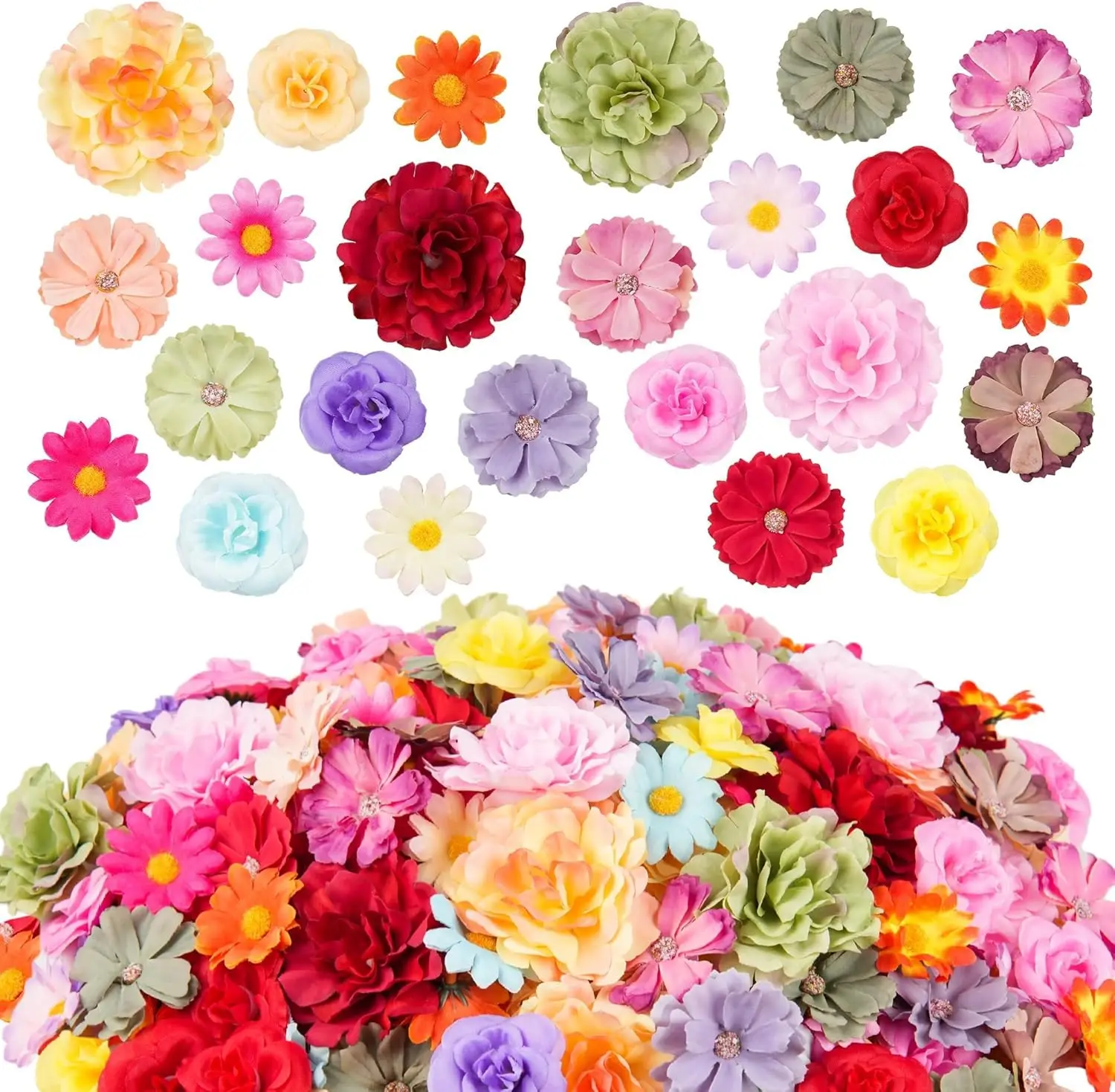 

210 Pcs Mini Silk Flower Heads Bulk for Crafts, Mixed Bright Colors, Faux Roses Daisies Sunflowers for Wedding Decor