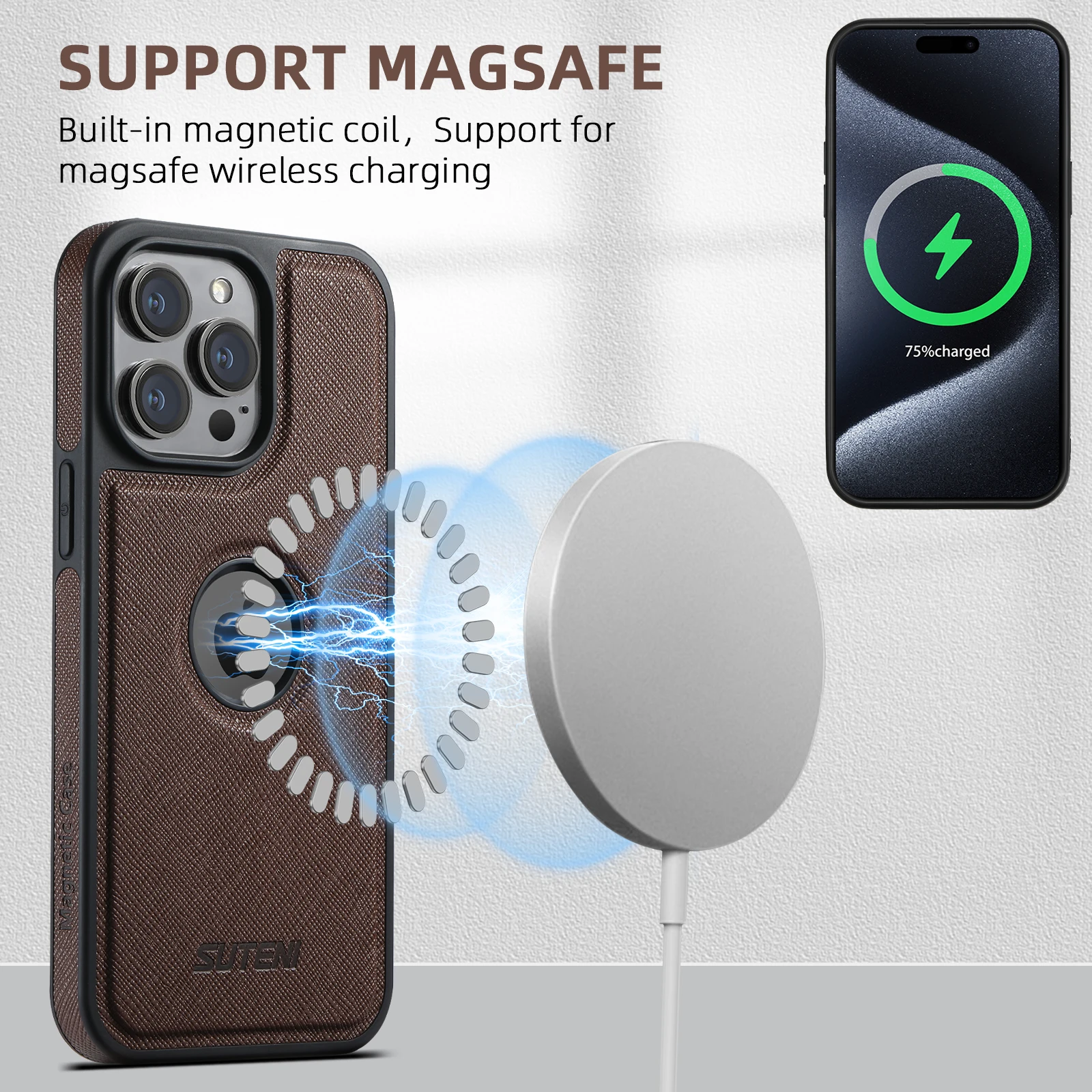 Suteni Compatible Magnetic MagSafe Wireless Charging Case Luxury PU Leather for iPhone 16 Pro Max 15 Plus 14 13 12