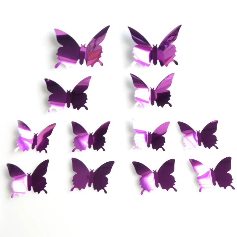 12Pcs/Set New Arrive Mirror Sliver 3D Butterfly Wall Stickers Party Wedding Decor Diy Home Decorations Purple