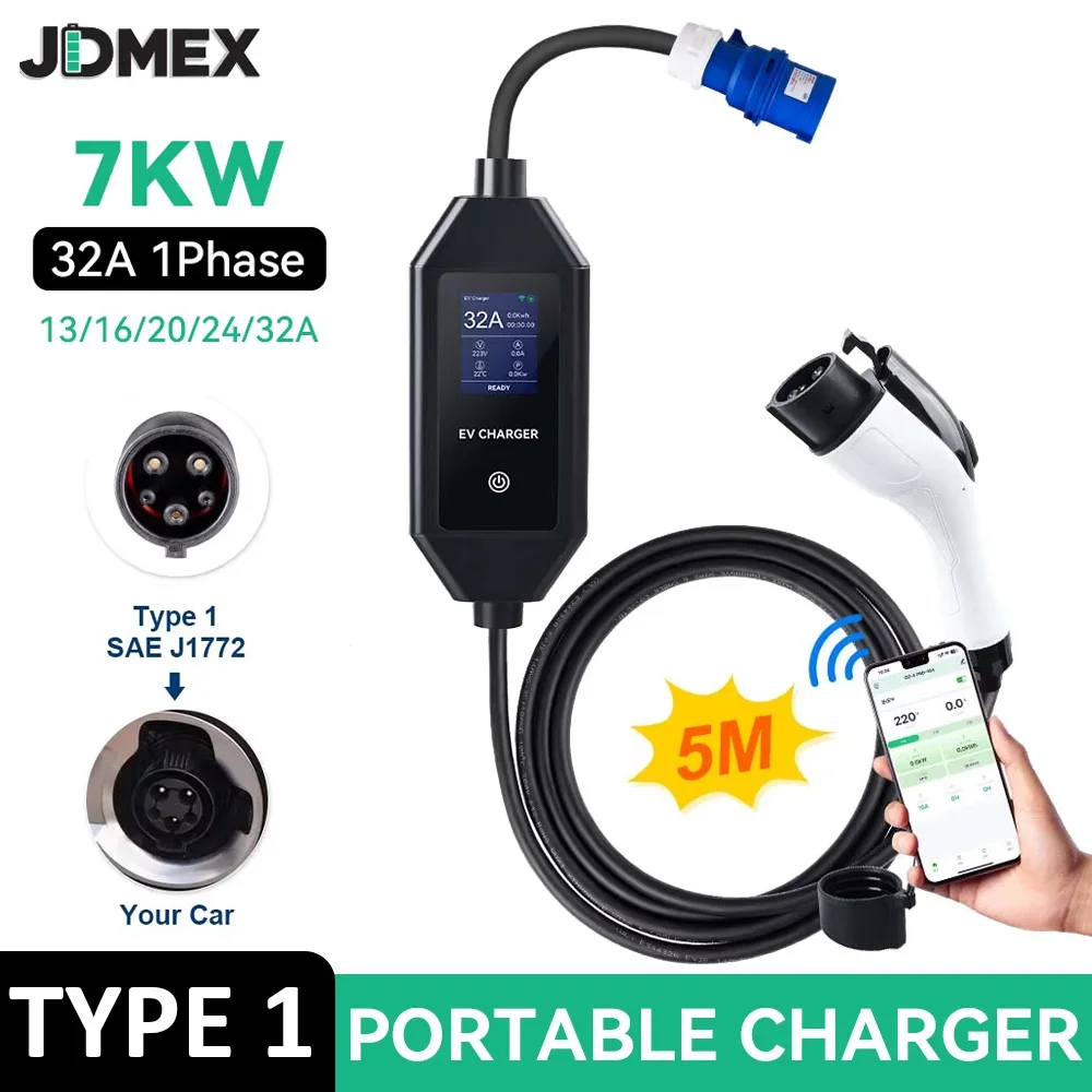 

JDMEX Type1 Portable EV Charger 7KW 32A 1Phase Wallbox Car Charger EVSE Charging APP Remote Control 5M for Electric Vehicle