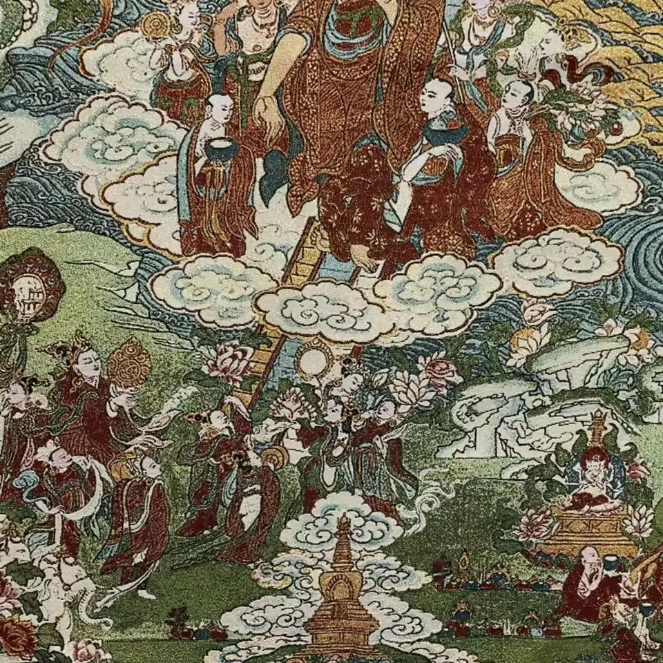Tibetan Buddhism Silk Embroidery Shakyamuni Buddha Sermon Chanting Thangka Hanging Screen Town House