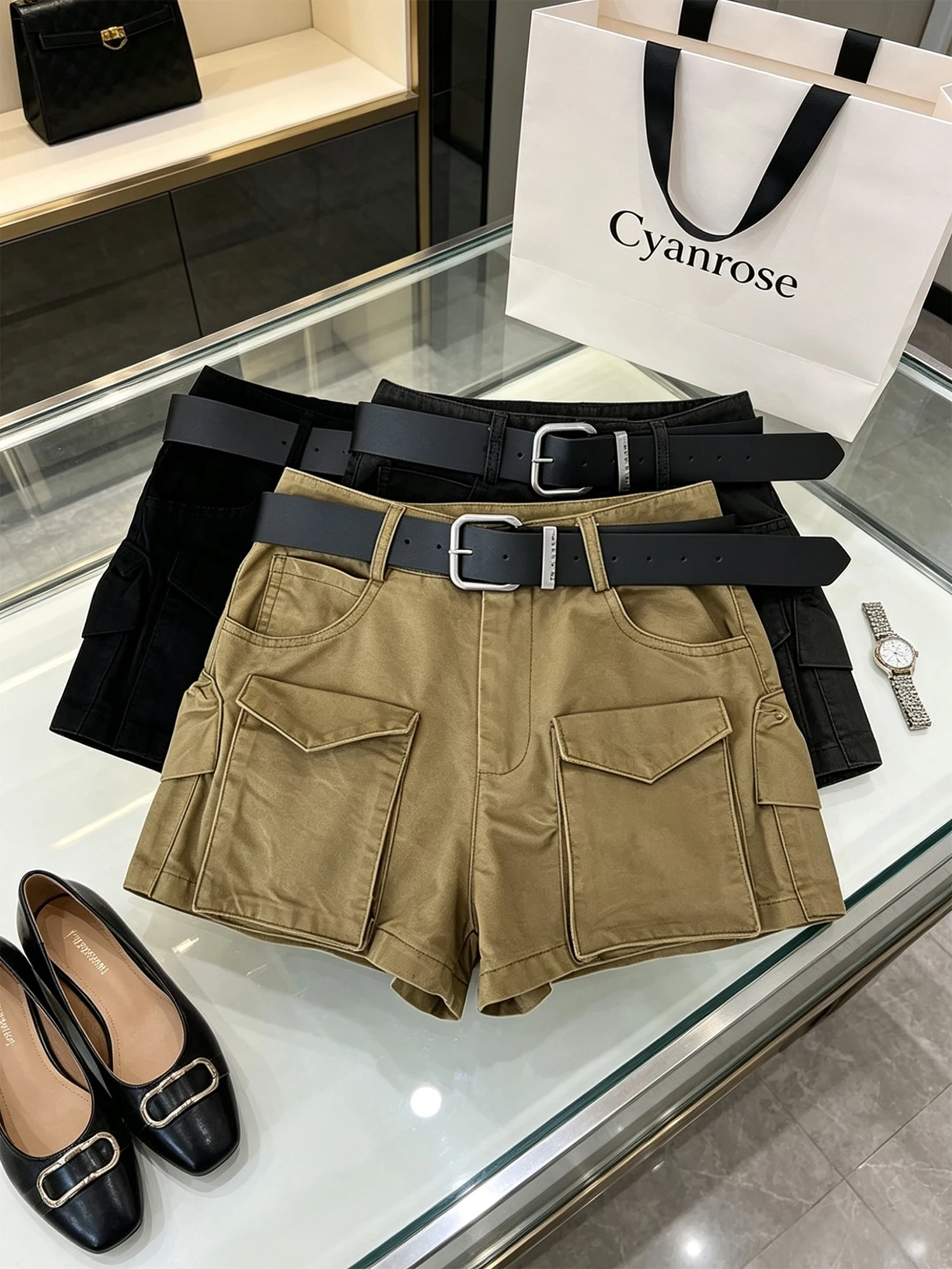 Women Khaki Cargo Shorts 2000s Y2k Gyaru Shorts With Belt American Vintage High Waist Hot Pants Fashion Clothes for Women Summer