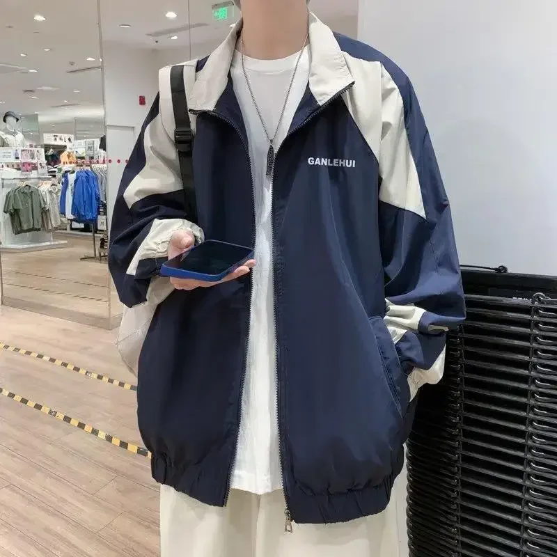 Men\'s Spring Jacket Men Patchwork Japanese Stand Collar Windbreaker Coat College Casual Loose Jackets Couple Hip Hop Autumn New
