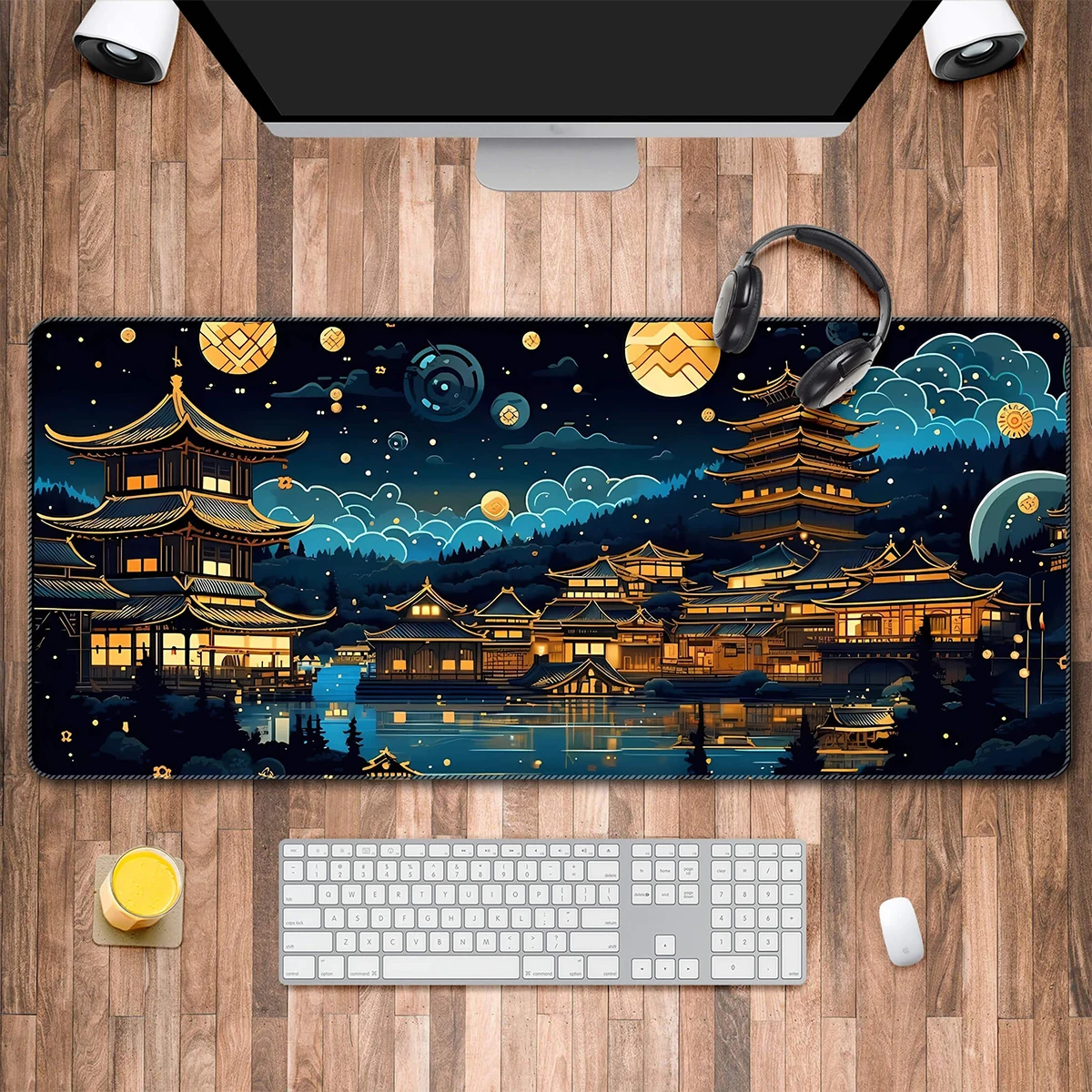 1pc Ancient Village and Lake Design Mouse Pad Multi-Size Non-Slip Stitched Edge Computer Keyboard Desk Mat For Office And Gift