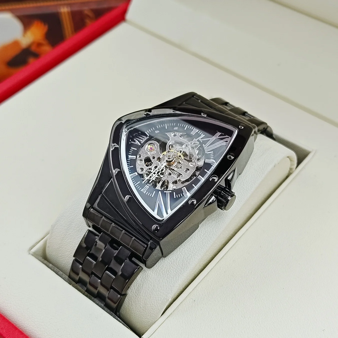 

High-End Men's Triangular Hollow-Out See-Through Automatic Mechanical Watch, Luxurious and Unique Punk Hardcore Men's Style, Waterproof Stainless Steel Strap, Suitable for Business, Casual, Streetwear, and Everyday Wear, Men's Light Luxury Style Wristwatc