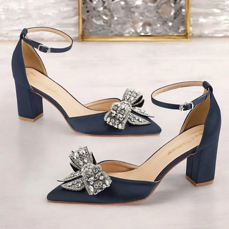 

French One-word Buckle High Heels Women's Thick Heel Hollow Pointed Rhinestone Bow Wedding Shoes