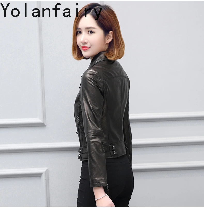 YOLANFAIRY 정품 가죽 자켓 여성 봄 가을 짧은 진짜 양피 가죽 코트 여성 슬림핏 오토바이 아우터웨어