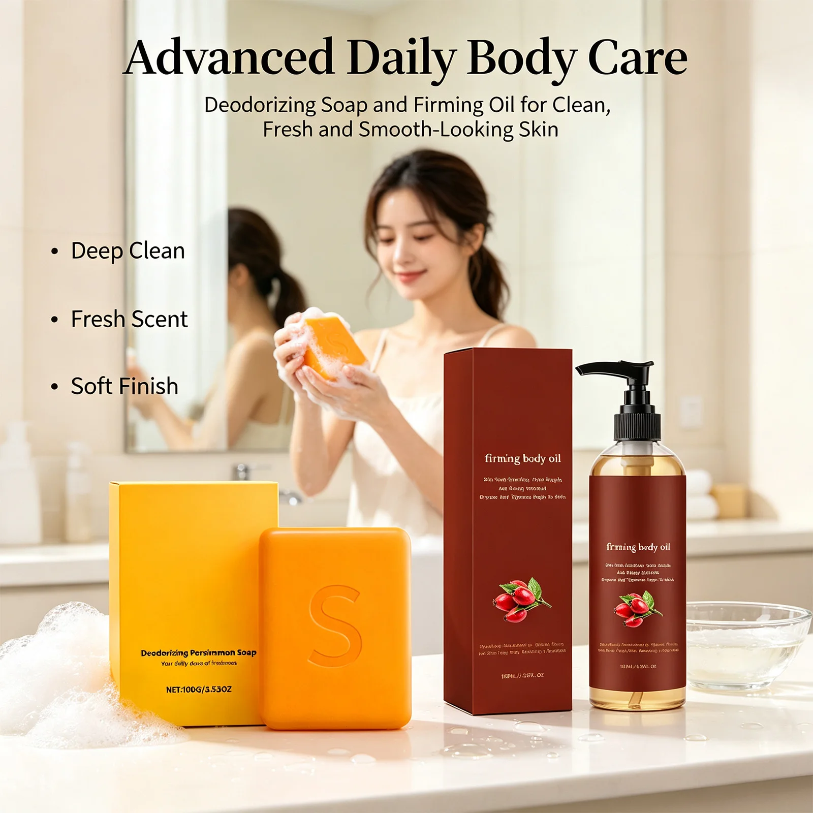 Persimmon Bath Soap & Firming Body Oil Set Gentle Deep Clean Deodorizing Hydrating Rich Foam Texture No Tightness Firming Oil