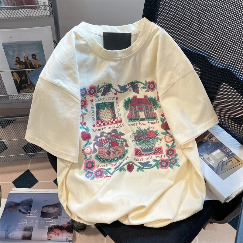 

Японские шикарные топы с цветочным буквенным принтом и коротким рукавом, повседневные свободные футболки, летние универсальные футболки, модная винтажная женская одежда