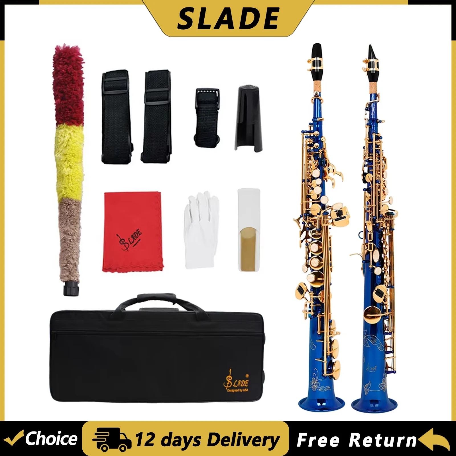 SLADE S85 Soprano Saxophone Brass Body Blue Golden Bb Straight Sax Woowind Instrument Saxfone with Case Reeds Parts Accessories