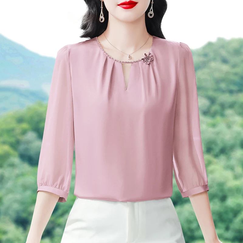 

2025 Summer Women Blouse 3/4 Sleeve Silk Chiffon Shirt Elegant Fashion Three Dimensional Flowers Office Lady Tops