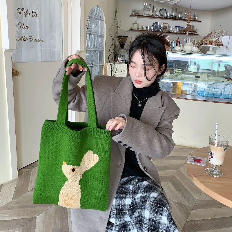 

Hand Knitting Single Shoulder Bags New Korean Style Tote Bag Large Capacity Simple Woven Bag Cute Rabbit Pattern Lady Handbags