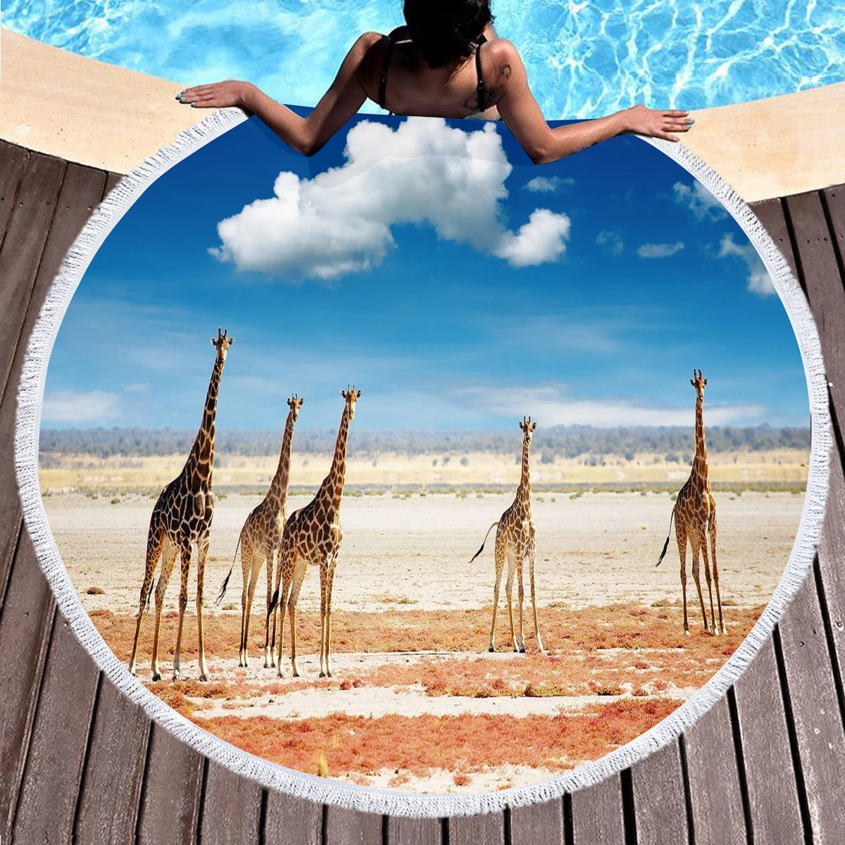 Wild Animal Giraffe Round Beach Towel with Tassels, Lightweight Shawl Sand Free Beach Blanket,Comfortable Quick Dry Pool Towel