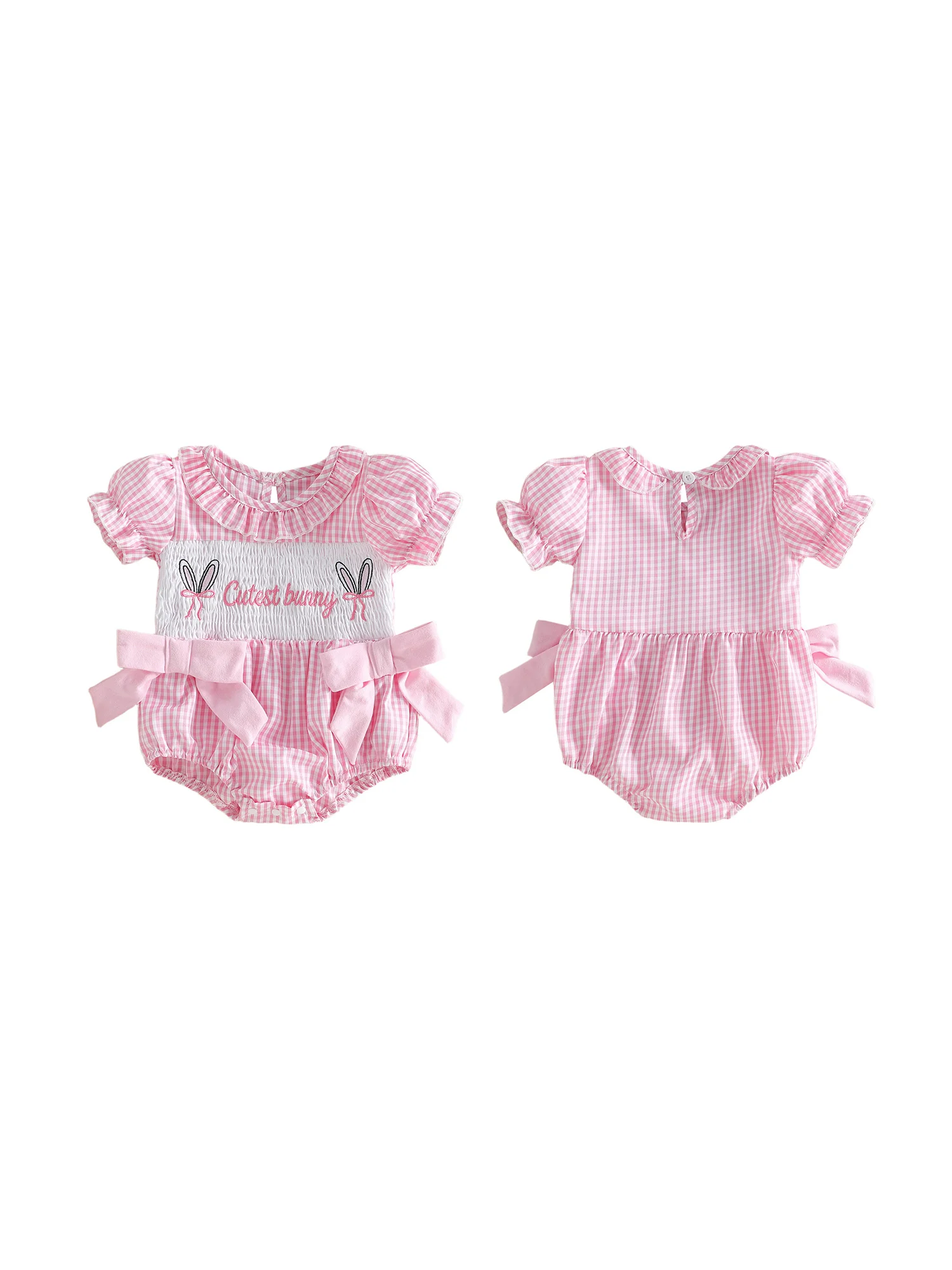 

Toddler Girls Floral Print Ruffle Sleeve Romper Adorable Bunny Applique Jumpsuit for Spring Easter Outfit